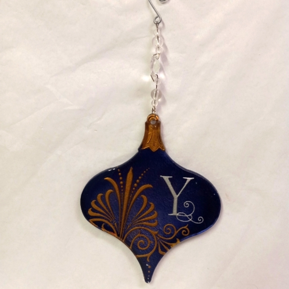 Grassland Road Hallmark Glass Ornament Blue "Y" Teardrop Rhinestones